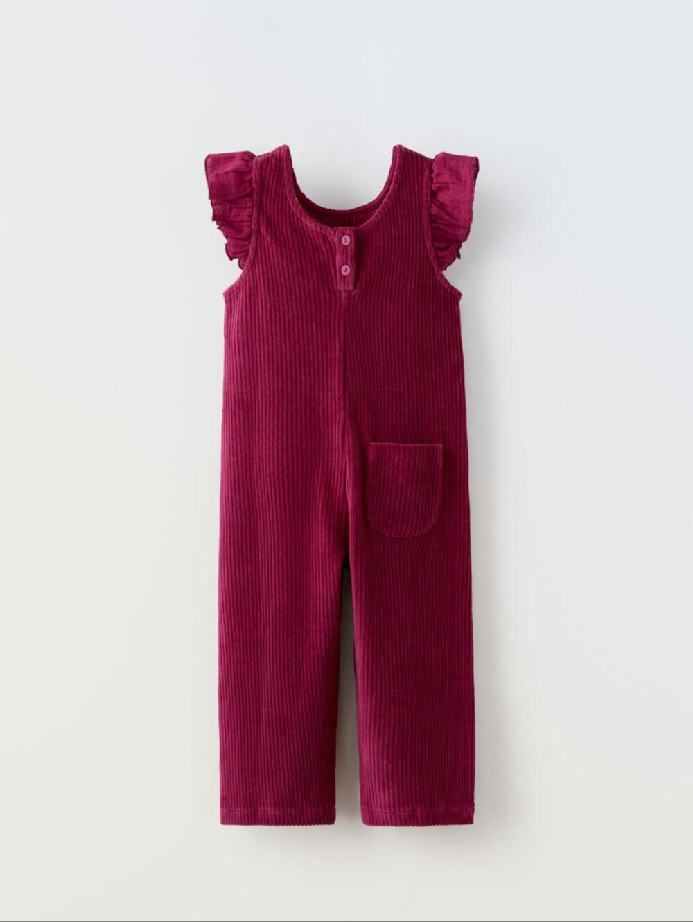 Girls' Burgundy Corduroy Ruffle-Shoulder Jumpsuit